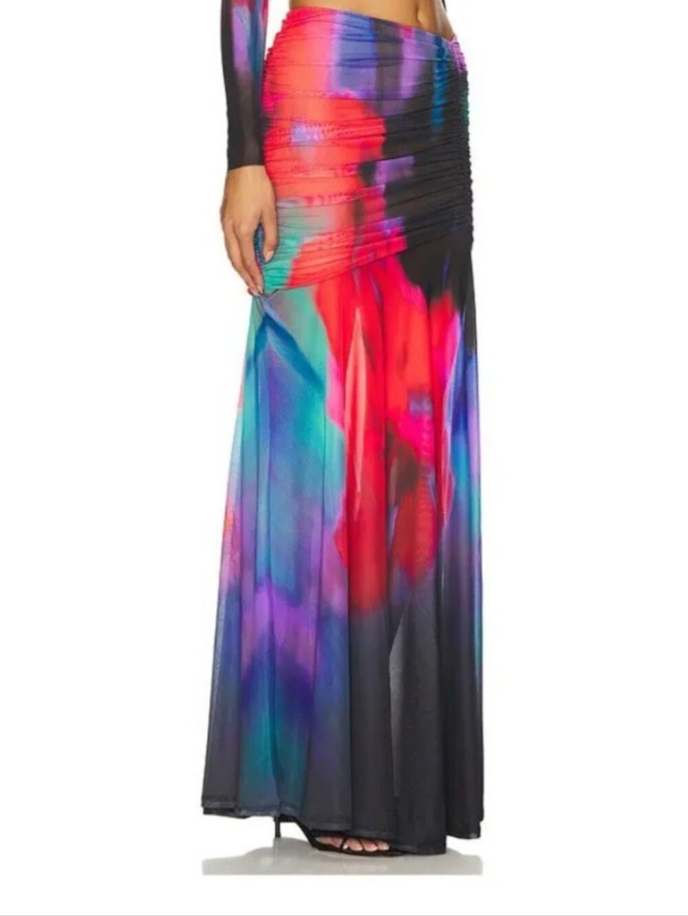 AFRM Multicolor Ruched Mermaid Maxi Skirt in Red, Purple and Teal